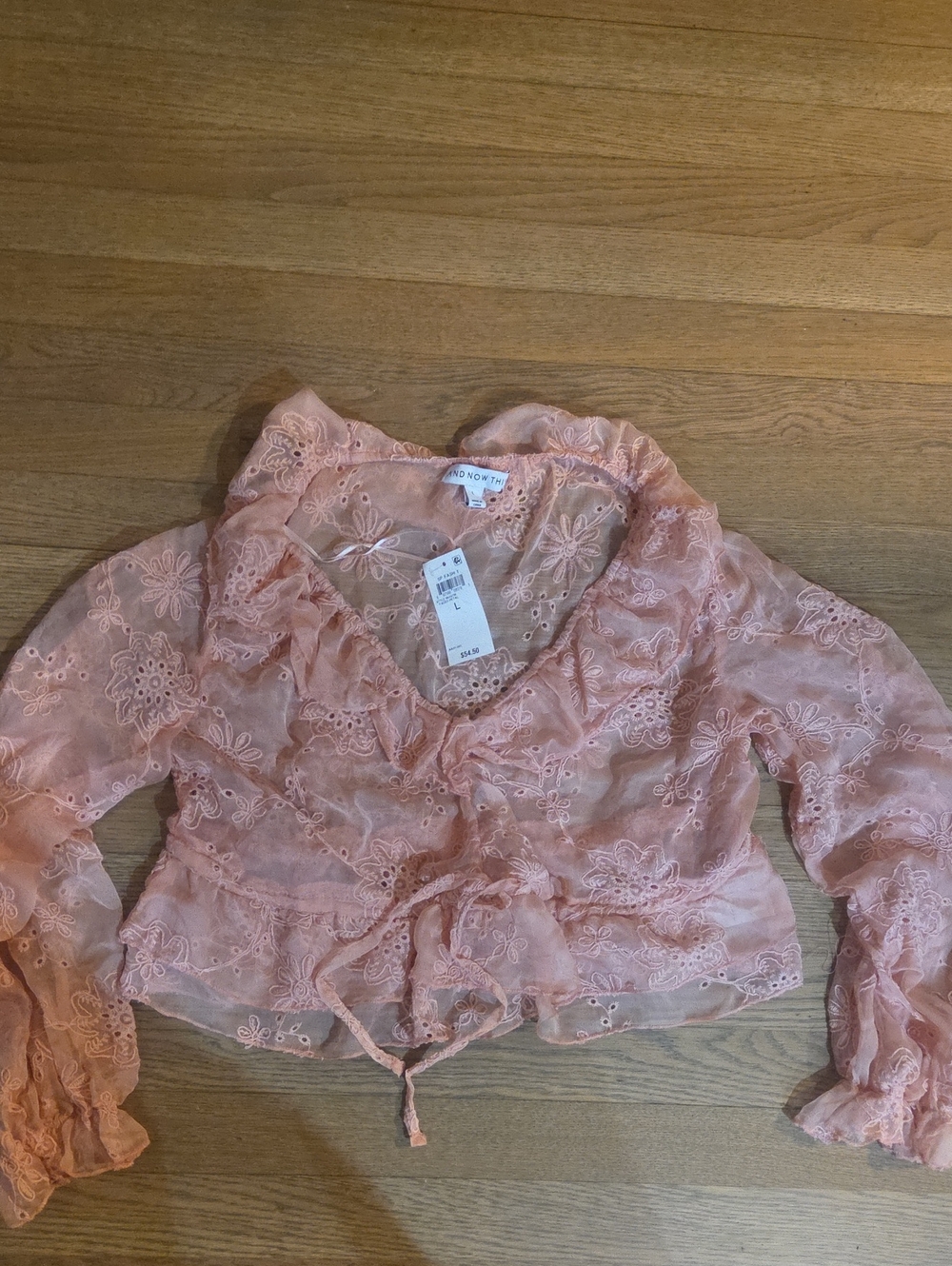 Lightweight Sheer Eyelet Tie-Front Blouse - Pink